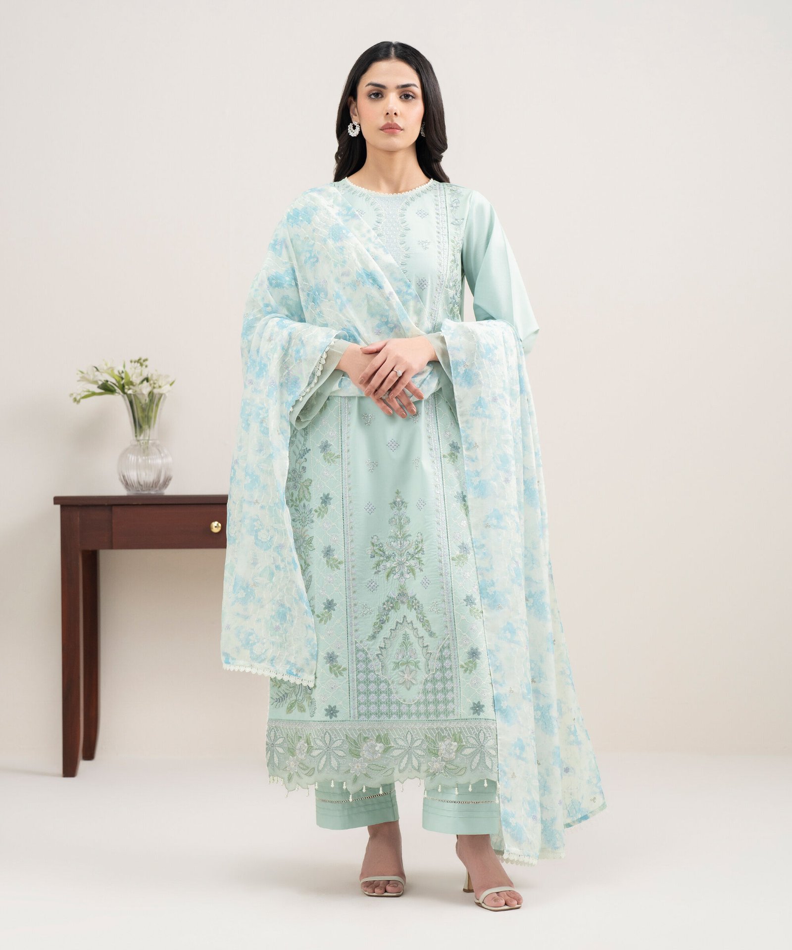 PESUS26V162B_1 Lawn Embroidered Aqua 3 Piece Suit - Image 1