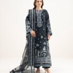 Fine Cotton Satin Embroidered Black 3 Piece Suit