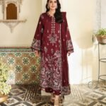 Fine Cotton Satin Embroidered Red 3 Piece Suit
