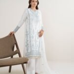 Raw Silk Embroidered White  3 Piece Suit