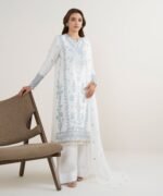 Raw Silk Embroidered White  3 Piece Suit