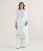 Raw Silk Embroidered White  3 Piece Suit - Image 4