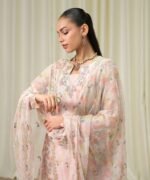 Blended Net Embroidered Pink 3 Piece Suit