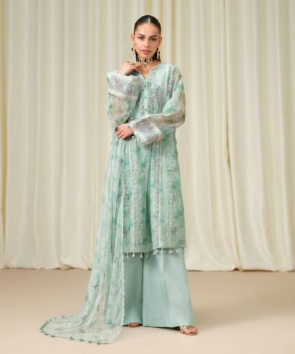 Blended Net Embroidered Green 3 Piece Suit
