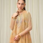 Blended Net Embroidered Yellow 3 Piece Suit