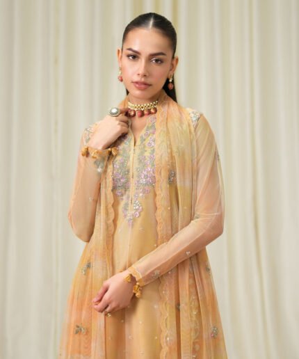 Blended Net Embroidered Yellow 3 Piece Suit