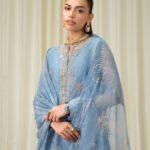 Blended Net Embroidered Blue 3 Piece Suit