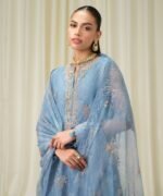 Blended Net Embroidered Blue 3 Piece Suit