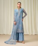 Blended Net Embroidered Blue 3 Piece Suit - Image 2