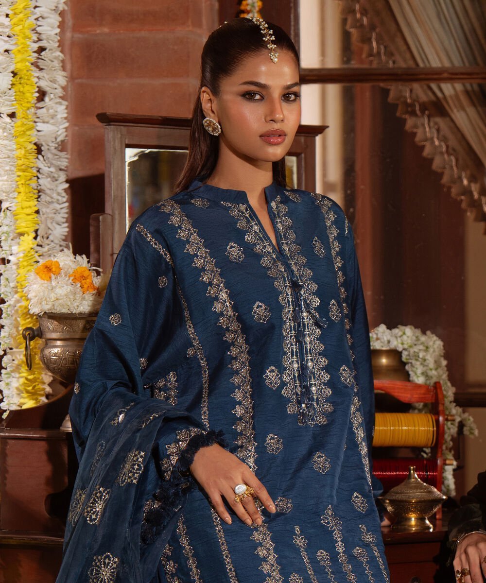 U3FELX25V936_1-1-3.jpg Raw Silk Embroidered Blue 3 Piece Suit - Image 1