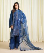 Raw Silk Embroidered Blue 3 Piece Suit - Image 2
