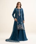 Viscose Raw Silk Embroidered Teal Blue 3 Piece Suit