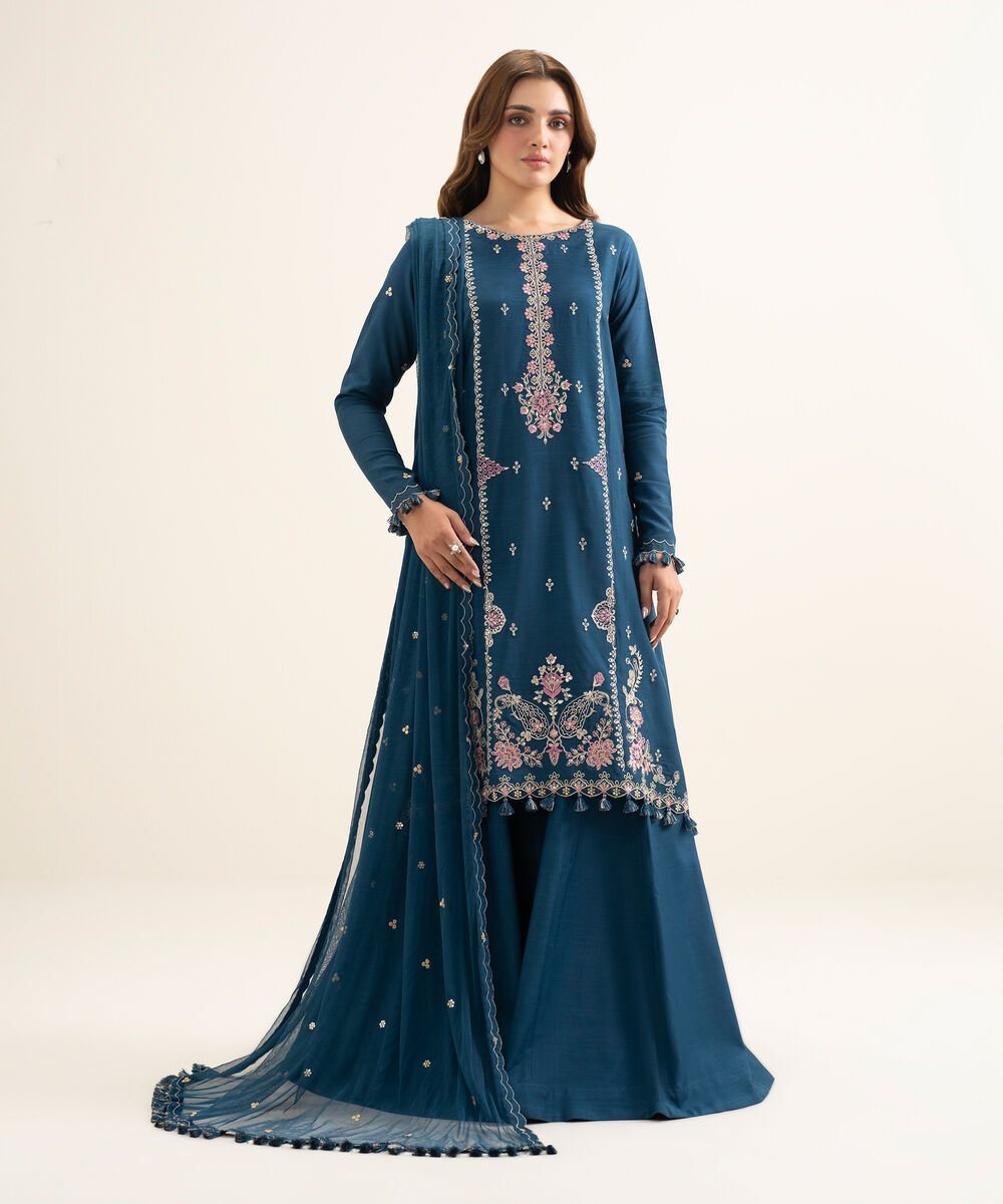 U3FELXS26V11_1 Viscose Raw Silk Embroidered Teal Blue 3 Piece Suit - Image 1