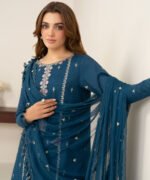 Viscose Raw Silk Embroidered Teal Blue 3 Piece Suit - Image 2
