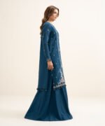 Viscose Raw Silk Embroidered Teal Blue 3 Piece Suit - Image 3