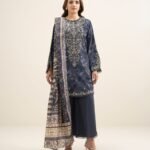 Textured Cotton Viscose Embroidered Dark Blue 3 Piece Suit