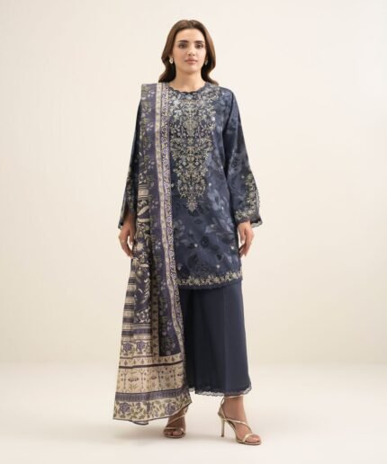 Textured Cotton Viscose Embroidered Dark Blue 3 Piece Suit