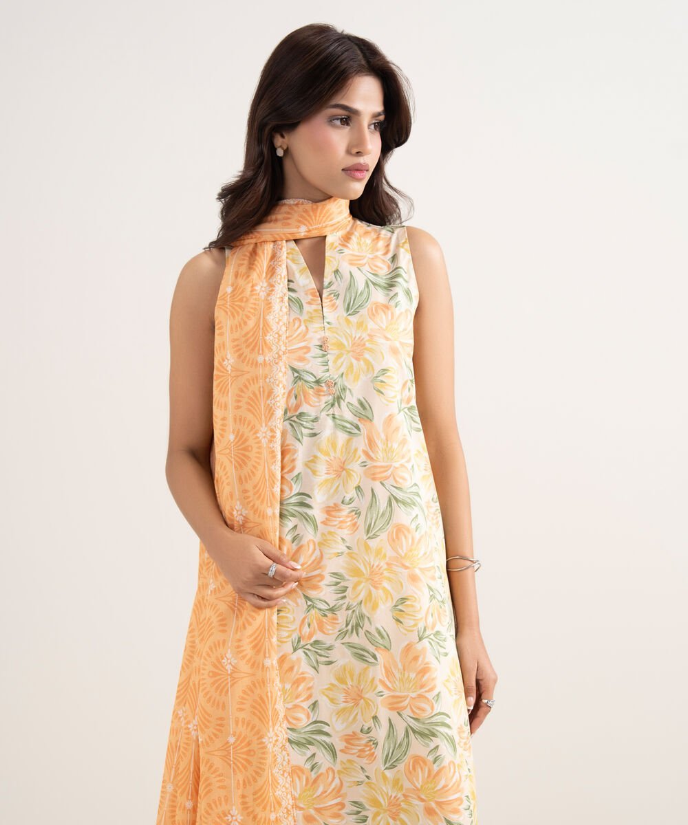 U3PDDS26V221_1 Lawn Orange Printed 3 Piece Suit - Image 1