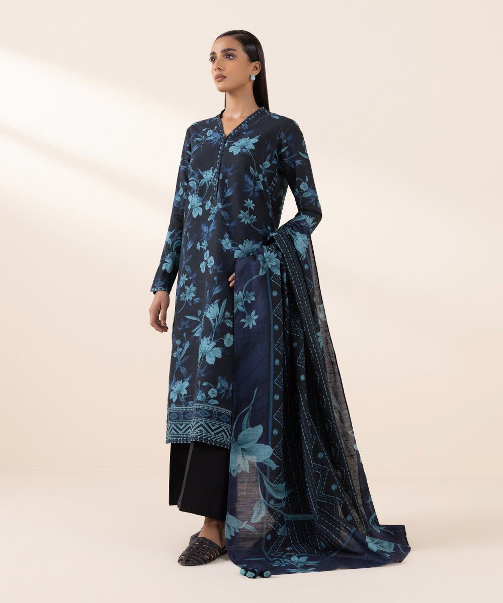 U3PDY24V862S_999_1 Women's Pret Khaddar Blue Printed 3 Piece Suit - Image 1