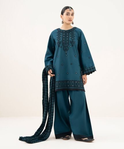 Cotton Embroidered Blue 3 Piece Suit