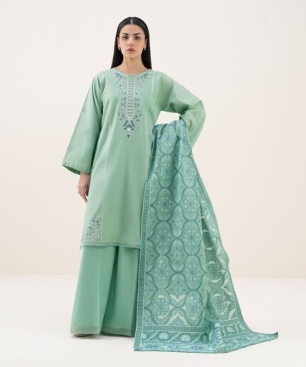 Cotton Embroidered Green 3 Piece Suit
