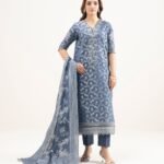 Extra Weft Jacquard Embroidered Blue 3 Piece Suit