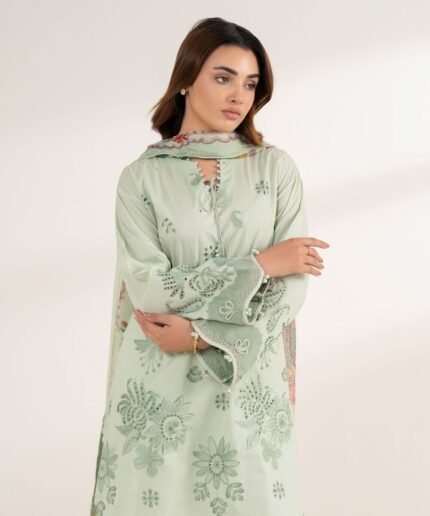 Cotton Embroidered Green 3 Piece Suit