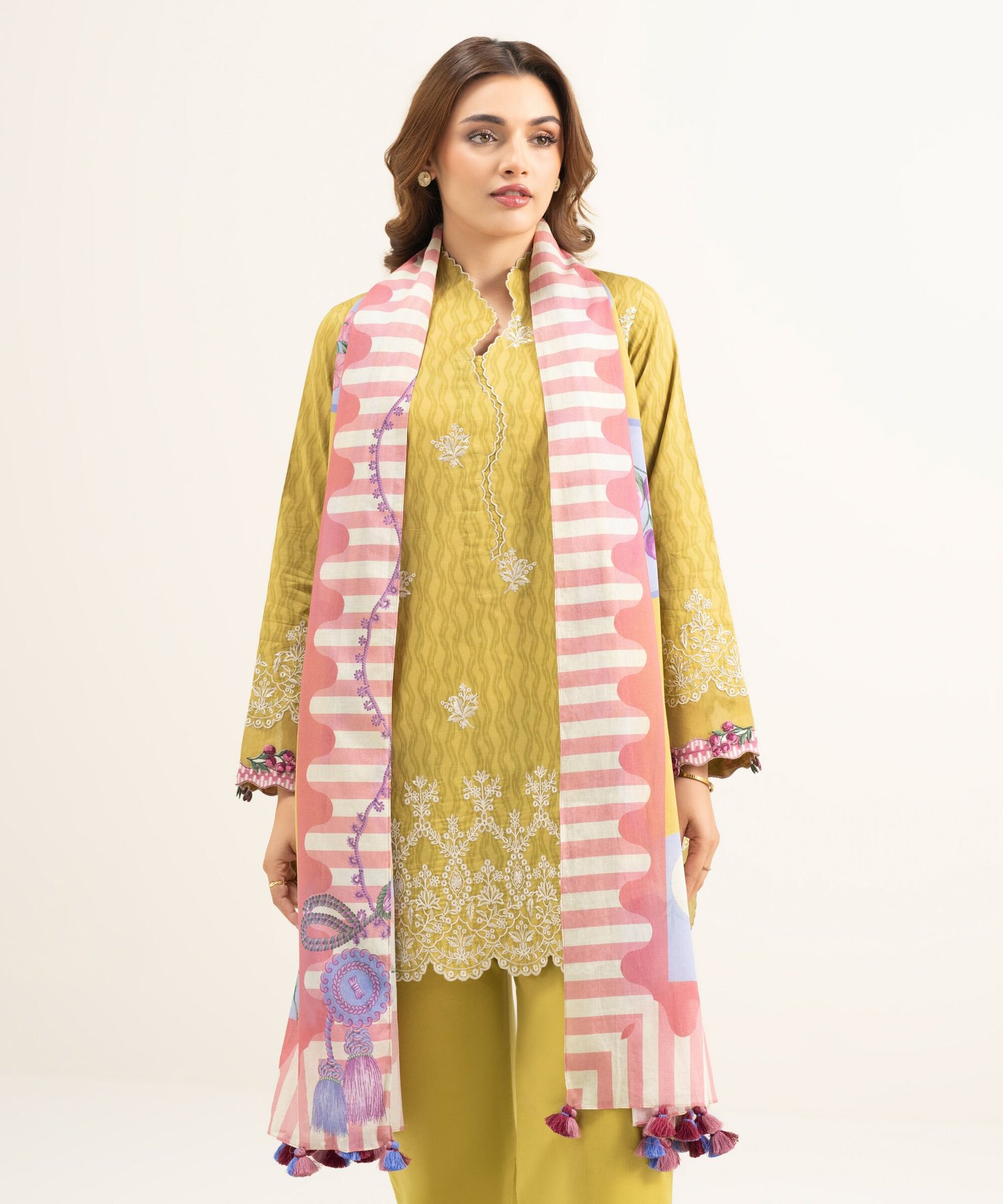 U3PESGS26V21_1 Lawn Yellow Embroidered 3 Piece Suit - Image 1