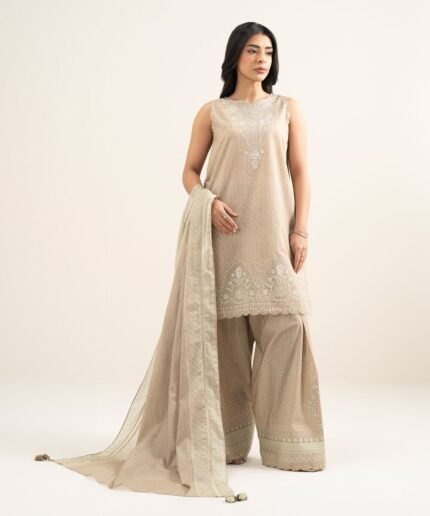 Lawn Beige Embroidered 3 Piece Suit