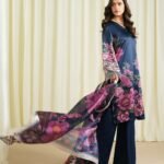 Blended Satin Printed Blue 3 Piece Suit