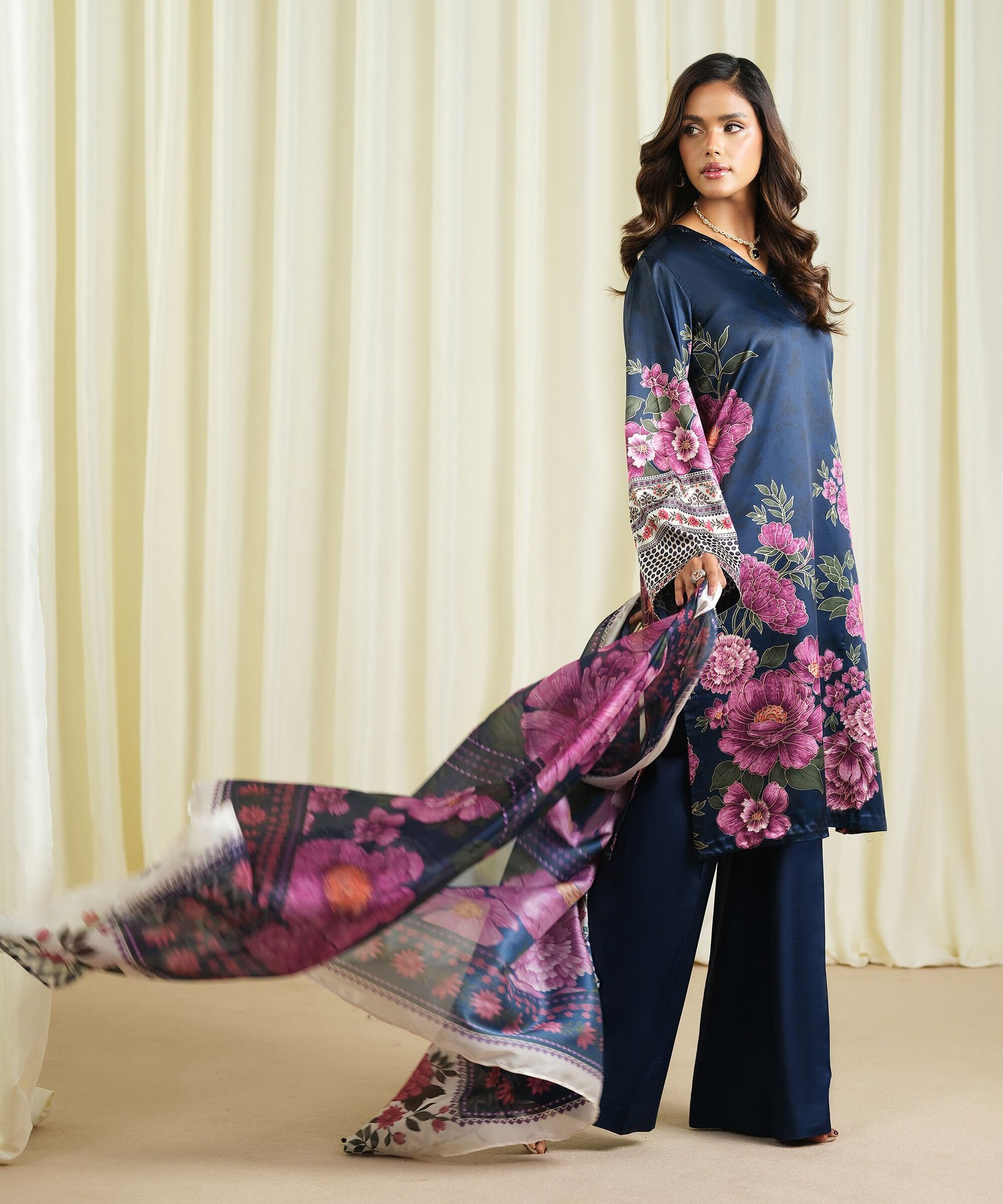 U3PESLS26V03_1 Blended Satin Printed Blue 3 Piece Suit - Image 1