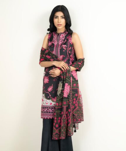 Blended Grip Silk Embroidered Black and Pink 3 Piece Suit