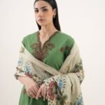 Cotton Embroidered Green 3 Piece Suit
