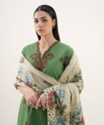 Cotton Embroidered Green 3 Piece Suit