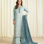 Cotton Jacquard Embroidered Blue 3 Piece Suit