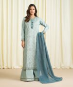 Cotton Jacquard Embroidered Blue 3 Piece Suit