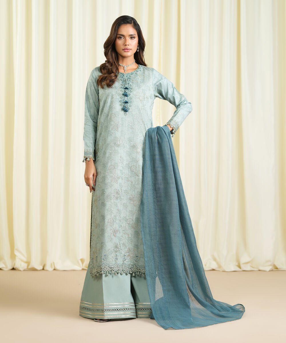 U3PESUS26V03_2-3.jpg Cotton Jacquard Embroidered Blue 3 Piece Suit - Image 1