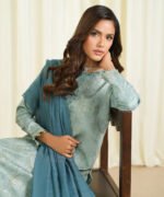Cotton Jacquard Embroidered Blue 3 Piece Suit - Image 2