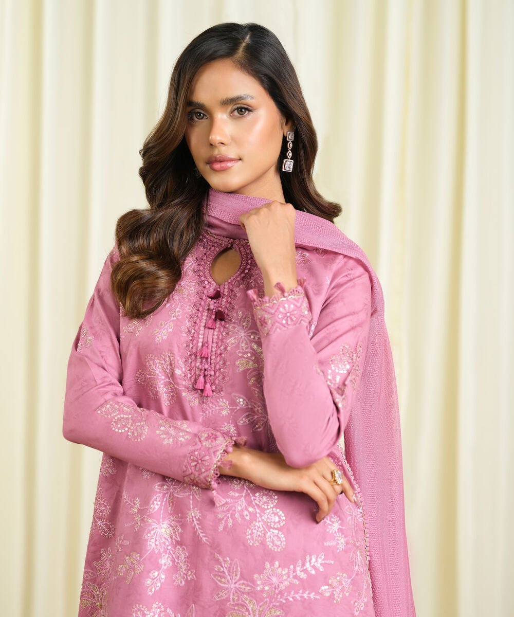 U3PESUS26V04_2-3.jpg Cotton Jacquard Embroidered Pink 3 Piece Suit - Image 1