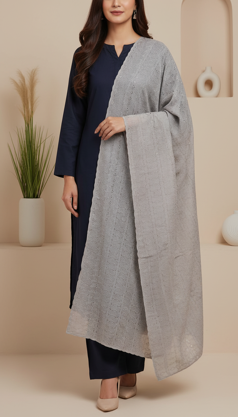 Grey Embellished Cotton Shawl PD6070