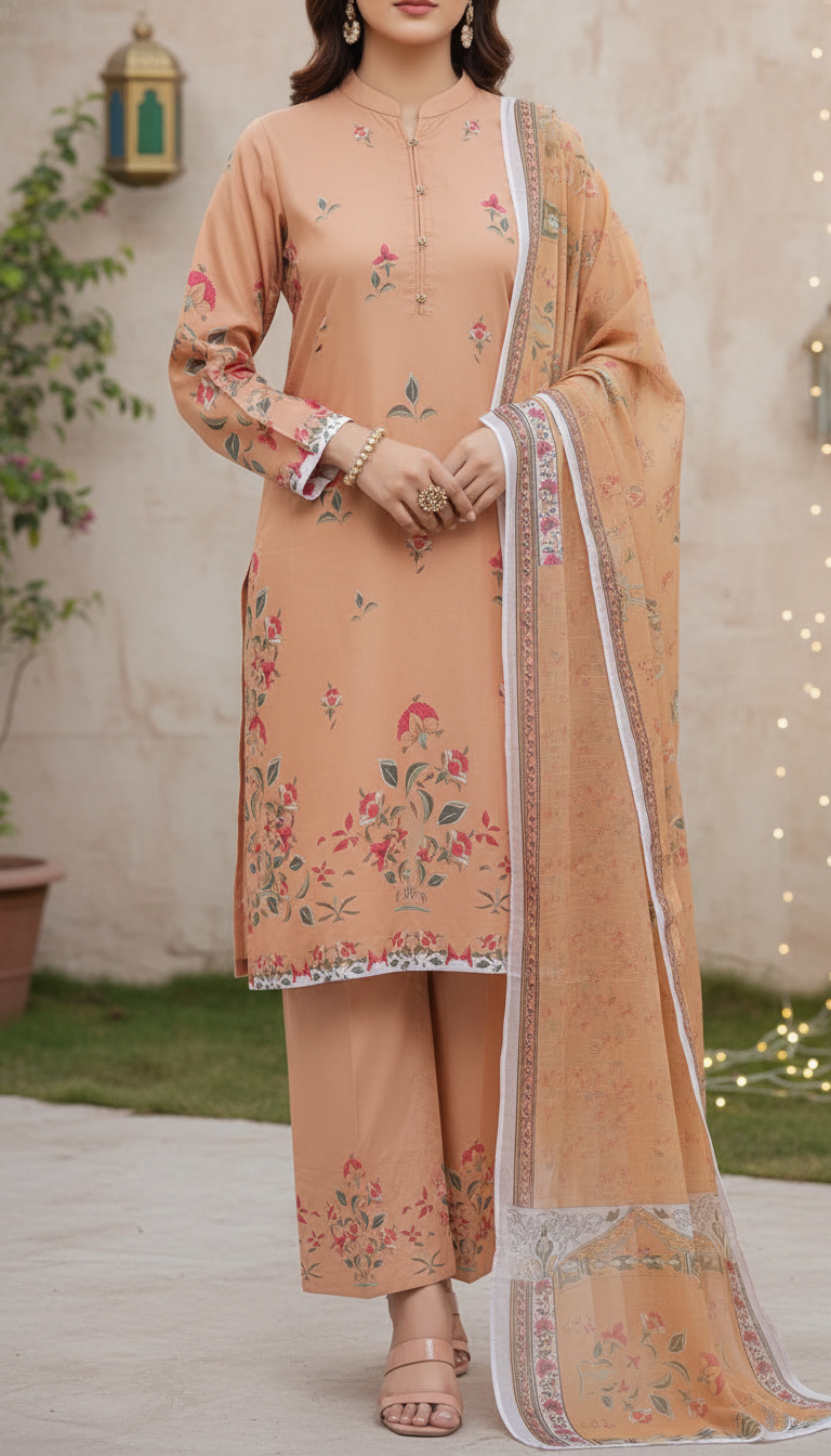 3 PC Digital Printed Cambric Suit PW5112