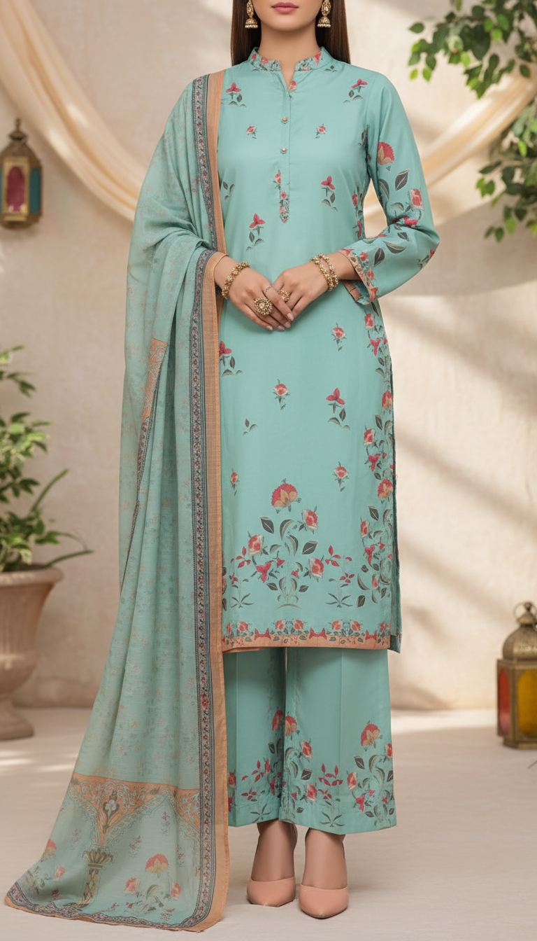 3 PC Digital Printed Cambric Suit PW5113