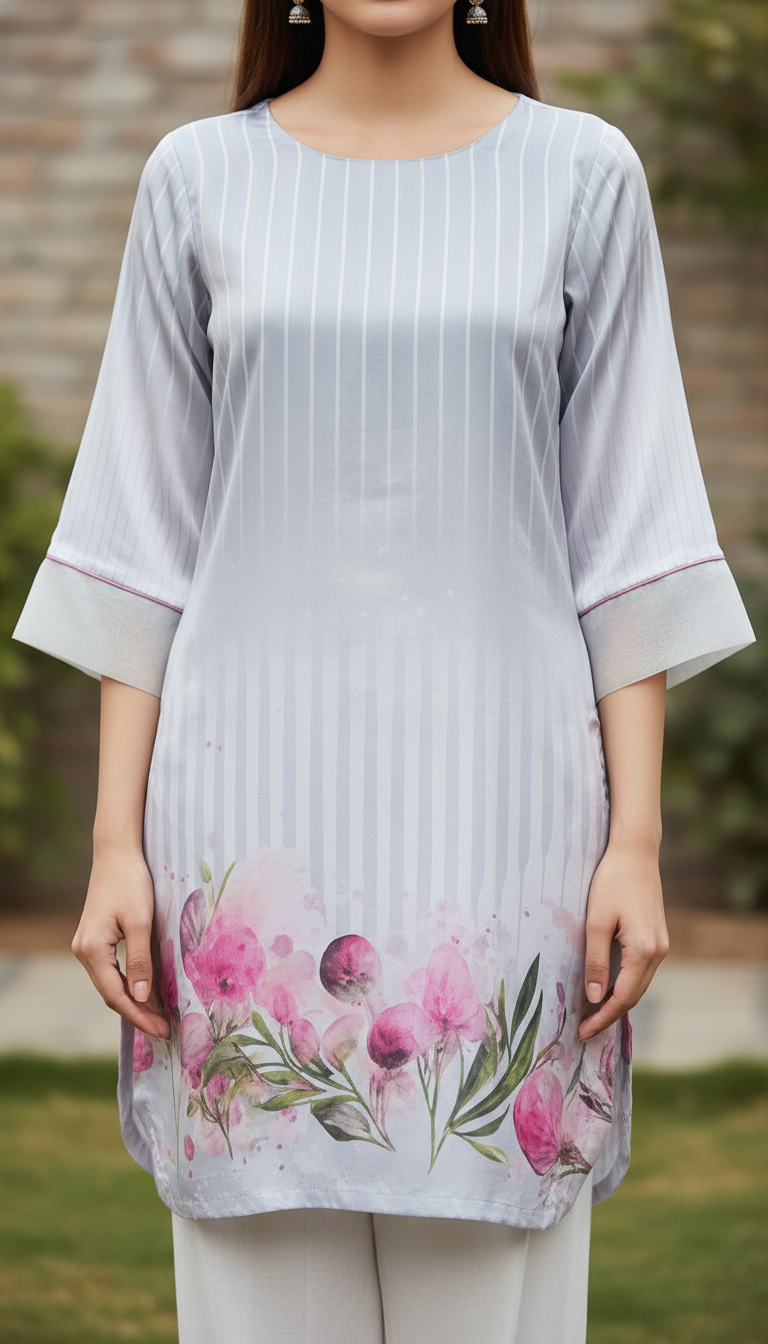 Grey Digital Printed Shamose Silk Shirt PW5344