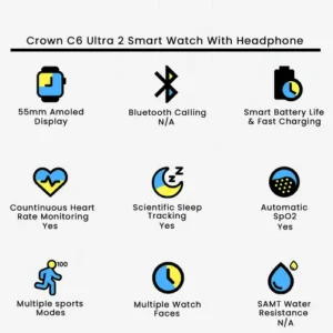 Crown C6 Ultra 2 Smart Watch With Headphone in Black — side view