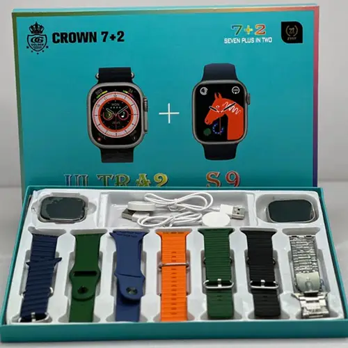 Crown Smart Watch with 7 Straps, 2 Watches (S9 & Ultra 2), Wireless Charger in Silver — front view