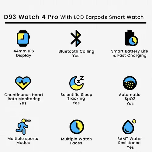 D93 Watch 4 Pro With LCD Earpods Smart Watch in Black — side view