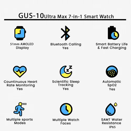GUS-10 Ultra Max 7-in-1 Smart Watch in Silver — side view