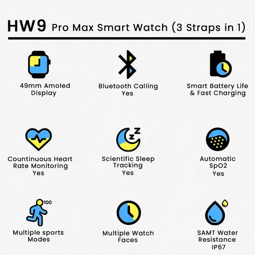 HW9 Pro Max Smart Watch (3 Straps in 1) in Black — side view