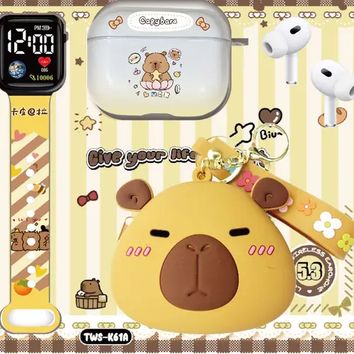 TWS K-61A Cartoon Earbuds Plus Smart LED Band Gift Set in Brown — front view