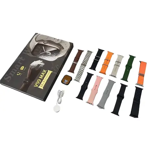 V99 Max Smart Watch With 12 Straps in Black — front view